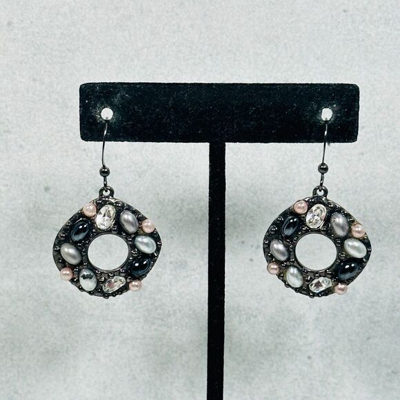 Chicos Earrings Faux Pearl Crystal Cabochons Gray Dangle 1" Pierced Ear Jewelry - Picture 1 of 9